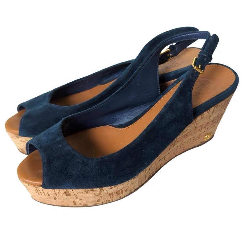 Tory Burch Wedge Sandals Espadrilles Suede Teal 8.5 Cork TB